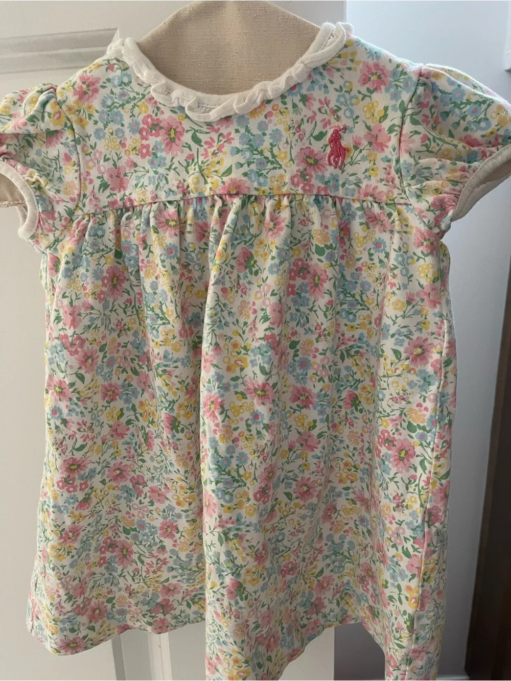 Ralph Lauren Baby Girl Floral Dress 9M Pink Blue Short Puff Sleeves Ruffles